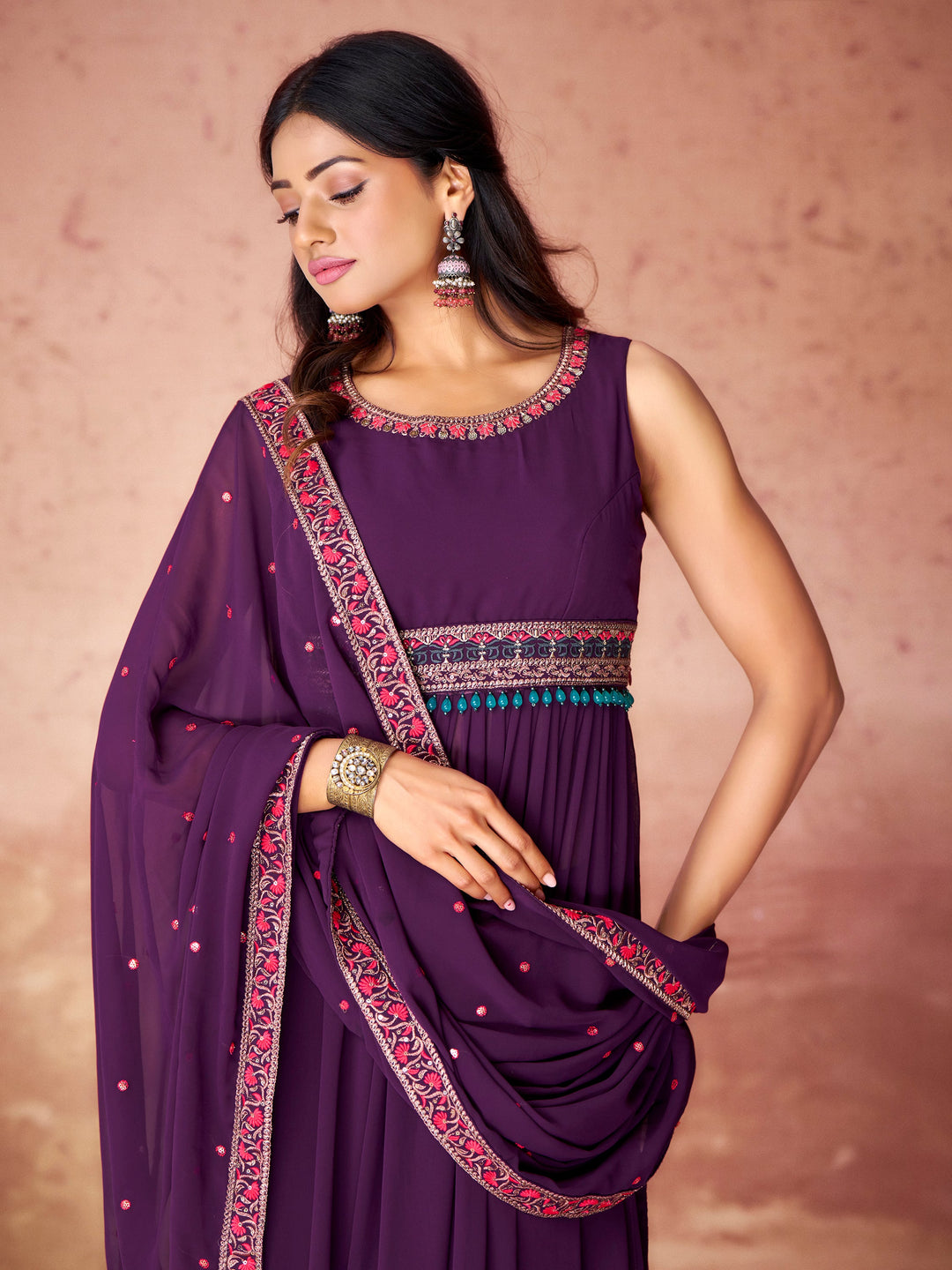 Incredible Purple Embroidered Georgette Festival Wear Palazzo Suit