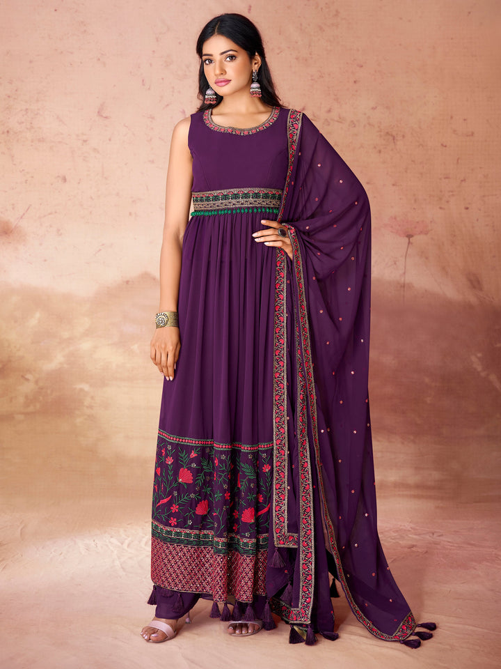 Incredible Purple Embroidered Georgette Festival Wear Palazzo Suit