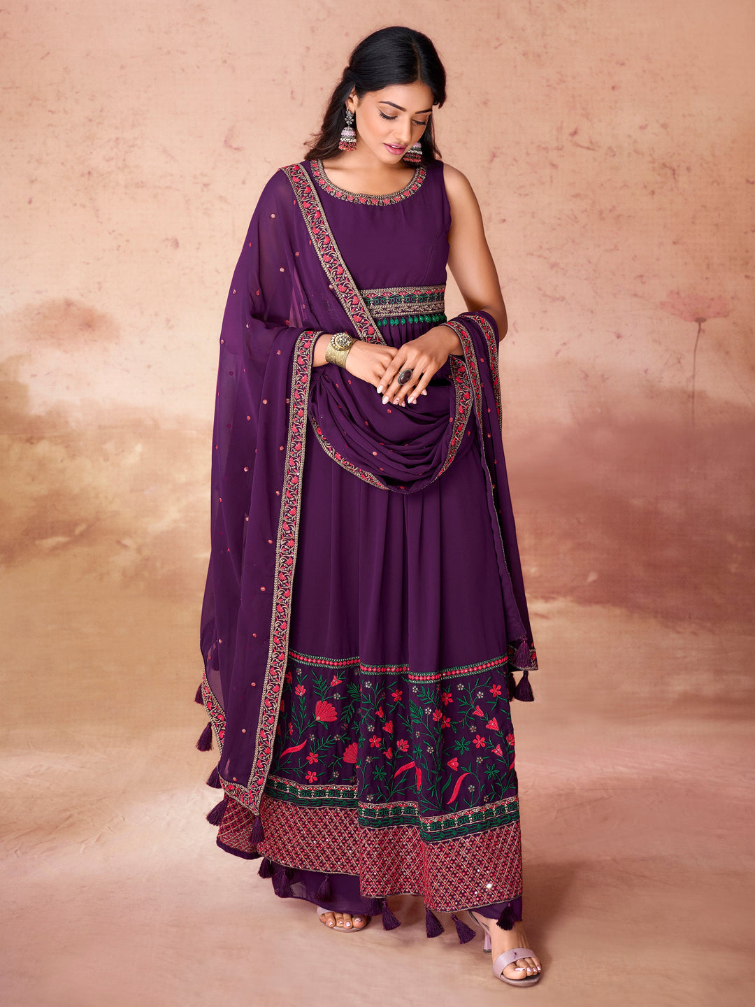 Incredible Purple Embroidered Georgette Festival Wear Palazzo Suit