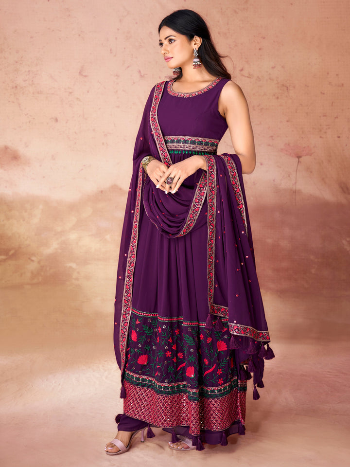 Incredible Purple Embroidered Georgette Festival Wear Palazzo Suit