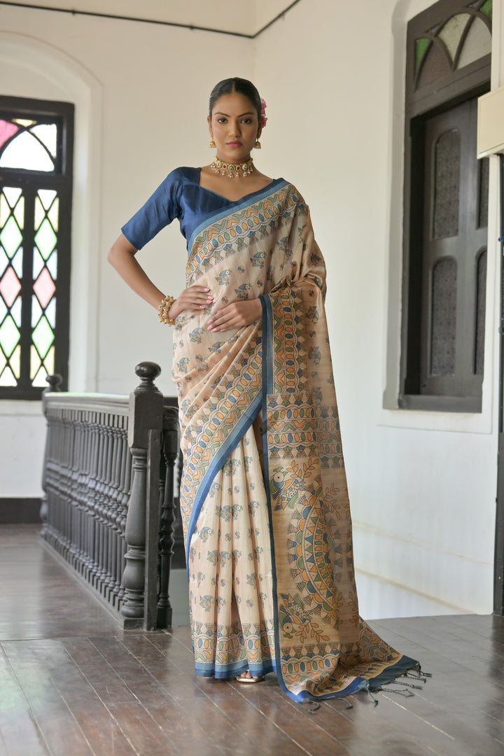 Soft Tussar silk saree with beautiful Madhubani prints, perfect for USA cultural events