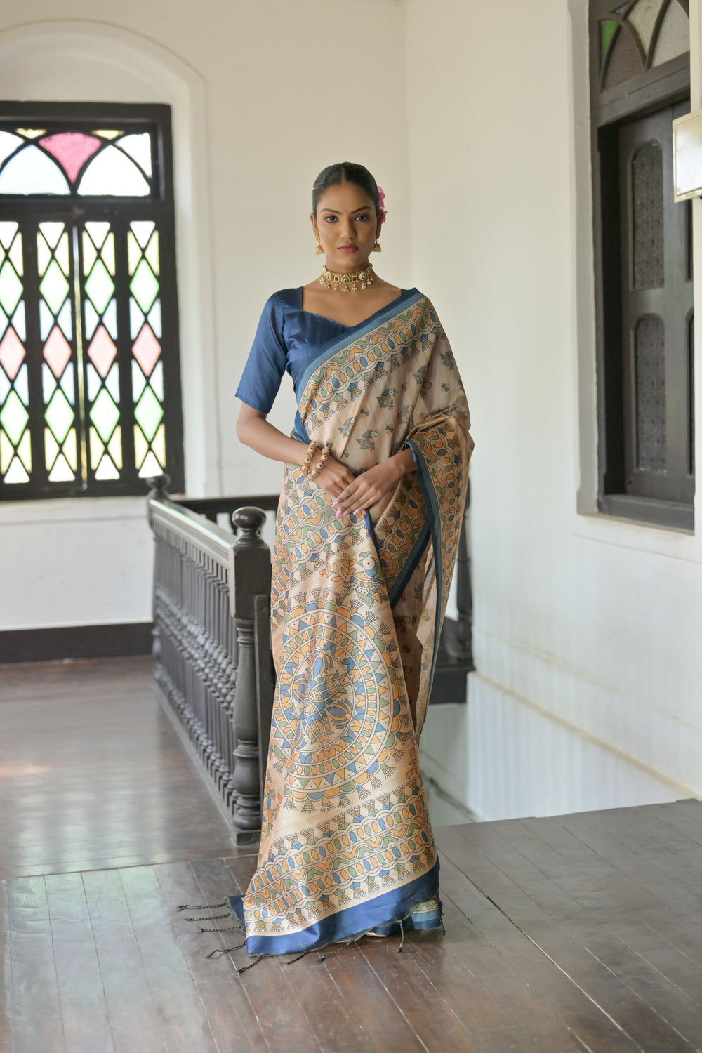 Traditional Tussar silk saree with Madhubani print pallu and fancy tassels