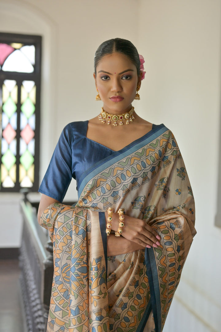 Elegant Tussar silk saree featuring Madhubani prints, crafted for American festivals