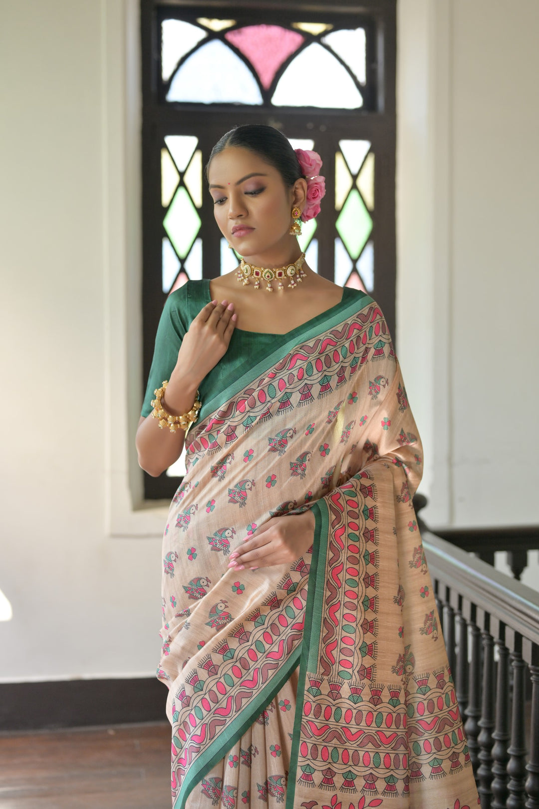 USA-focused Tussar silk saree with Madhubani art and contrast blouse piece