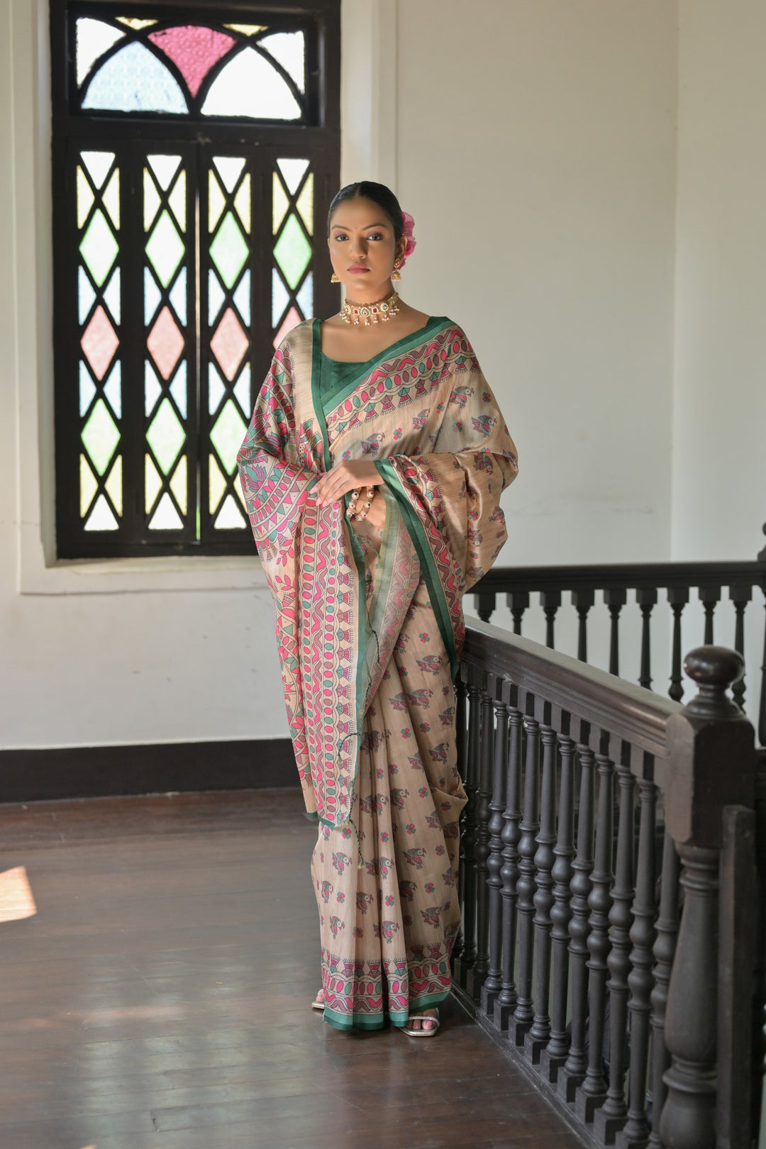 Beautiful Madhubani printed saree in soft Tussar silk, ideal for American gatherings