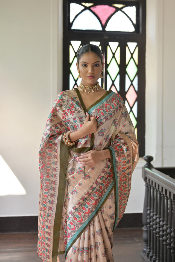 Traditional Tussar saree with Madhubani design, perfect for cultural events in USA