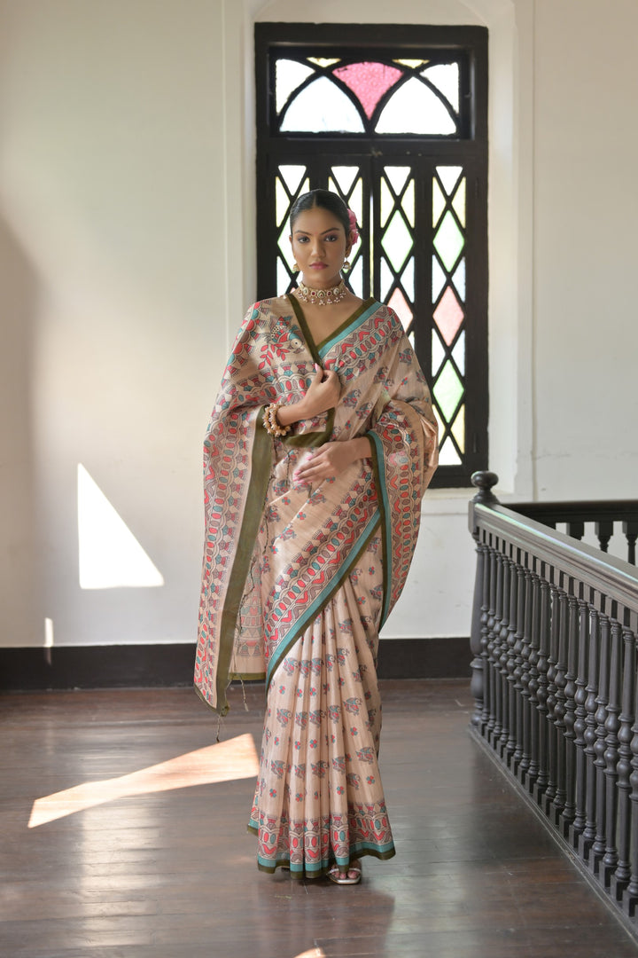 Elegant Tussar silk saree with printed pallu, ideal for USA special occasions