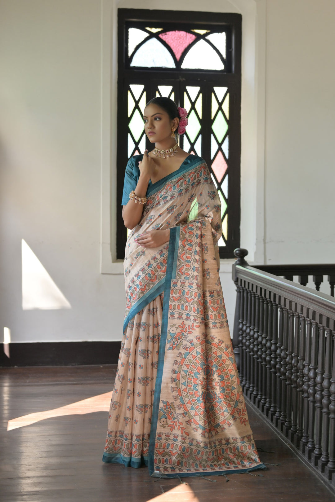 Soft Tussar saree with Madhubani print and tassels, crafted for American celebrations