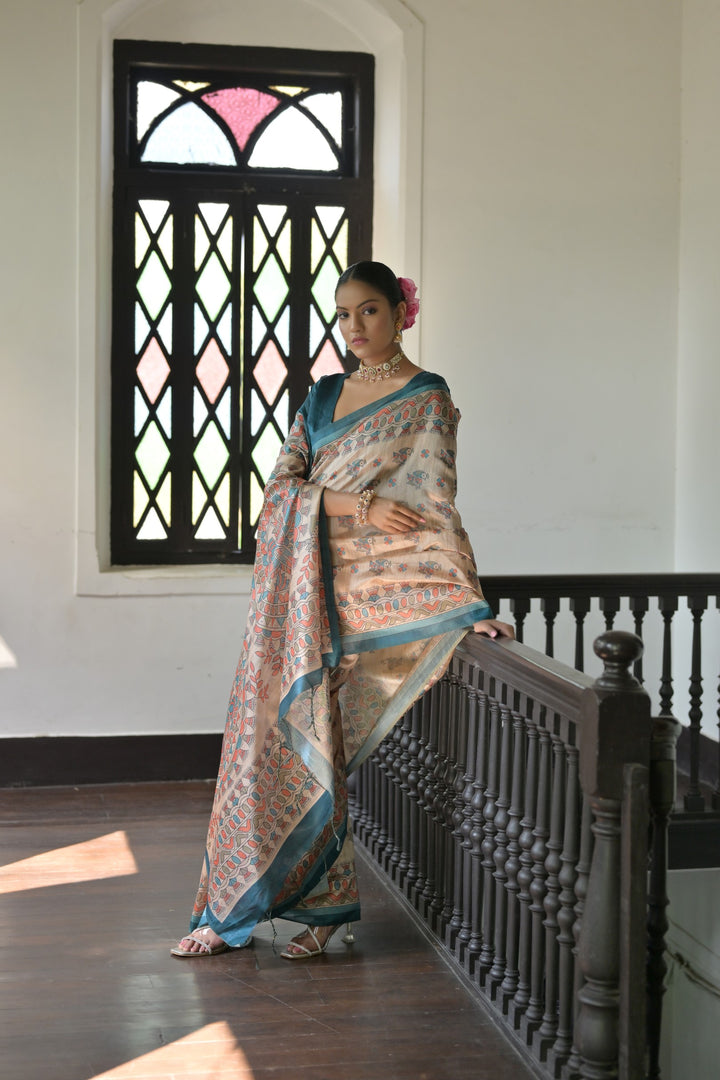 5.5 MTR Tussar silk saree with Madhubani pallu, ideal for cultural events in USA