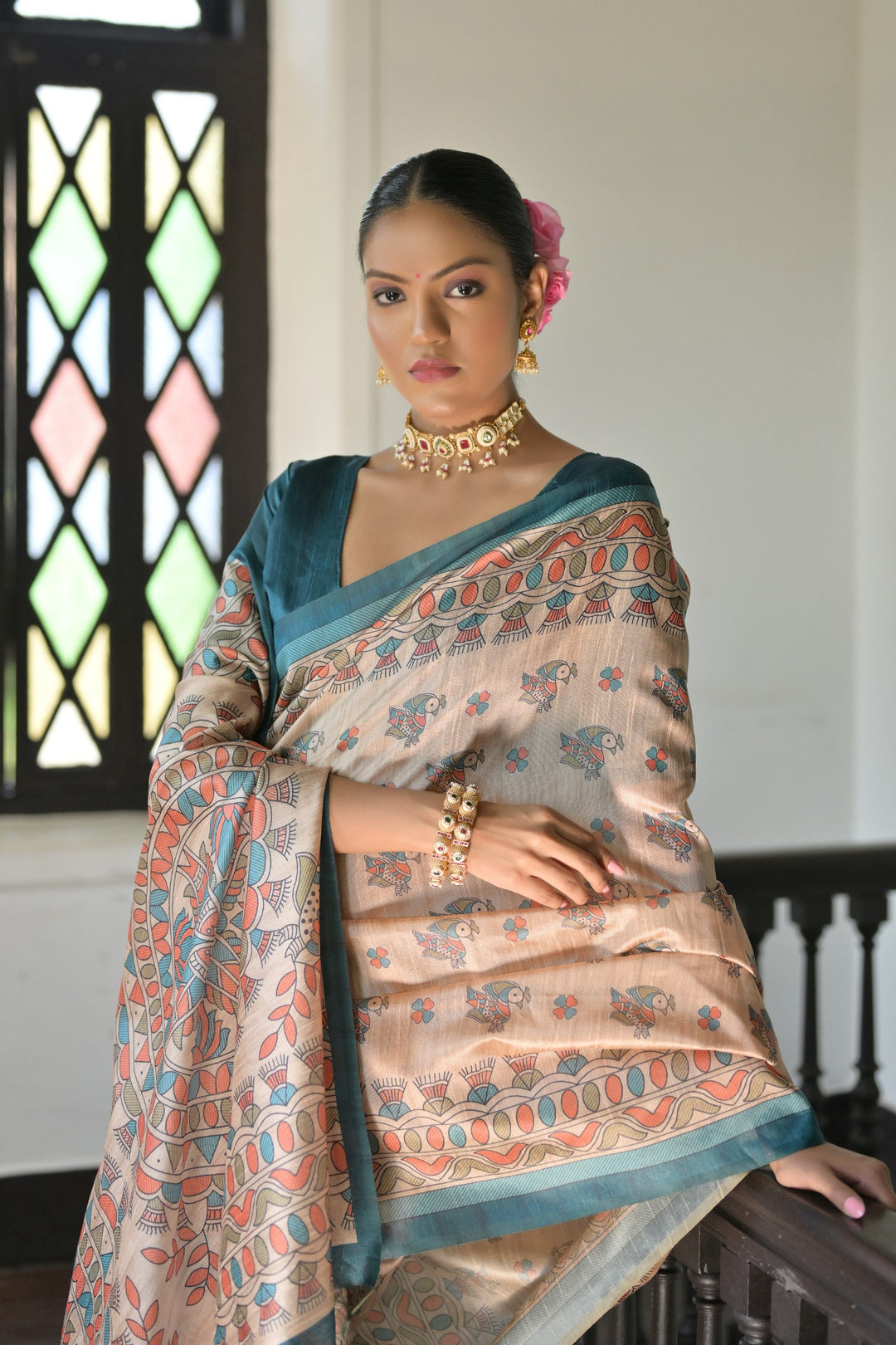 USA-inspired Tussar saree with Madhubani print and traditional pallu