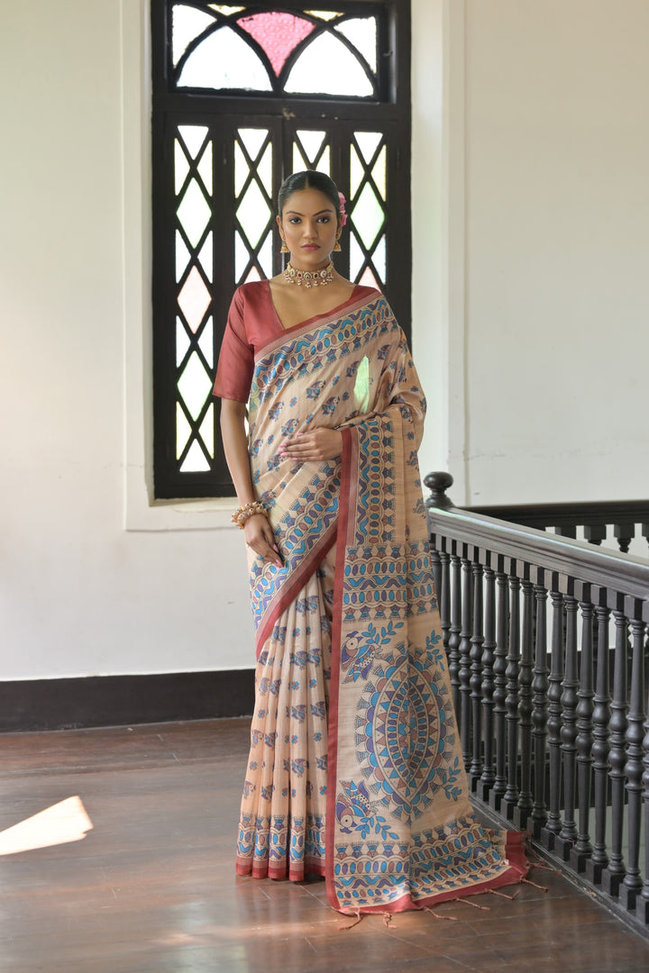 Traditional Tussar silk saree with fancy tassels, perfect for USA gatherings