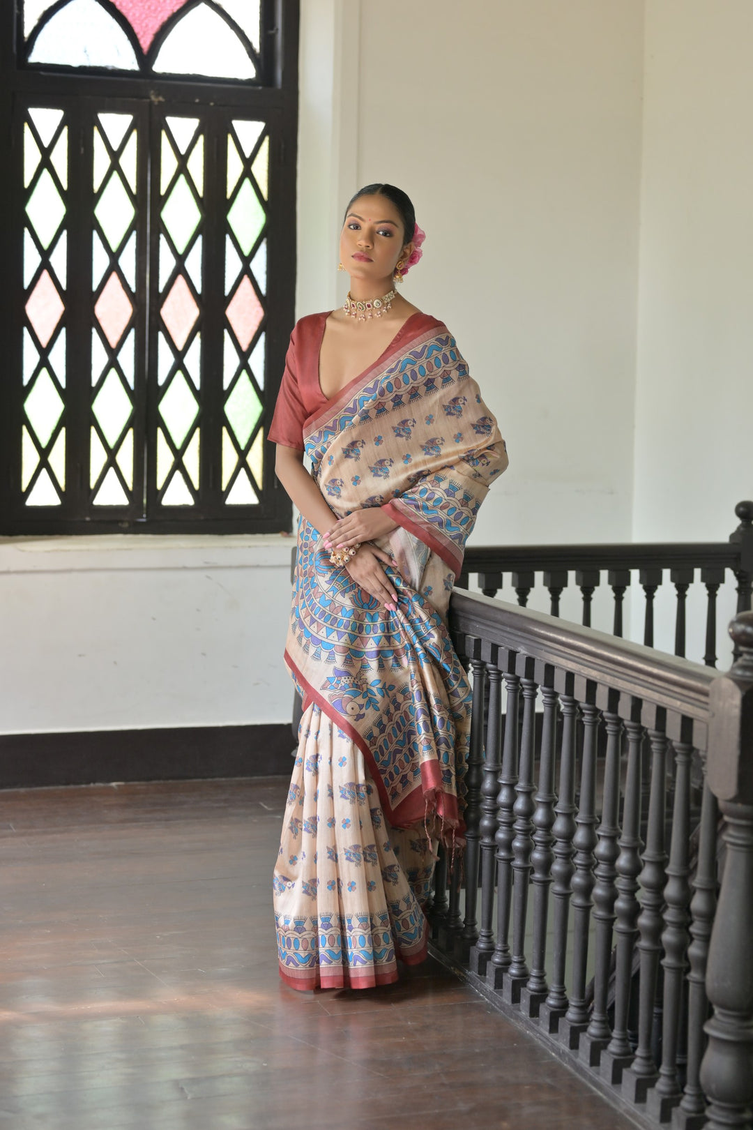 Beautiful Madhubani Tussar saree with contrast blouse, ideal for USA events