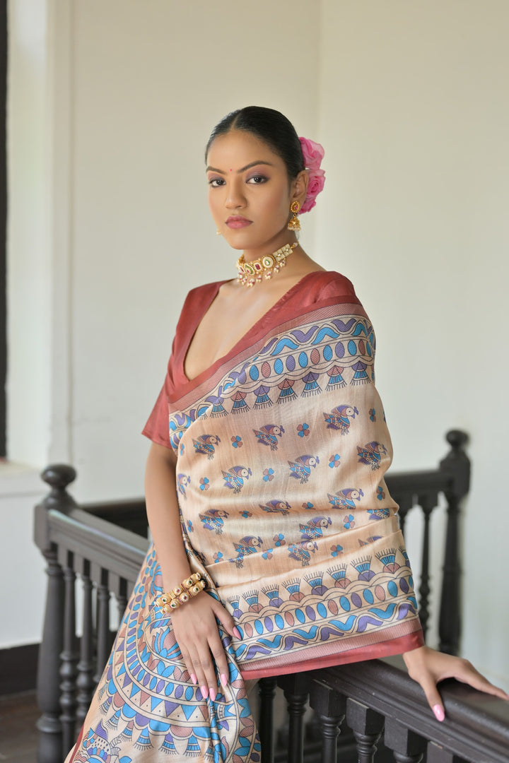 Tussar silk saree with cultural Madhubani print, crafted for American festivities