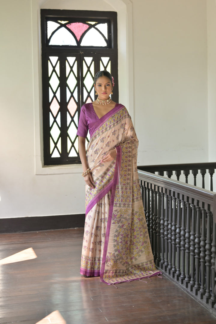 USA festival saree with Madhubani art and printed pallu in soft Tussar silk