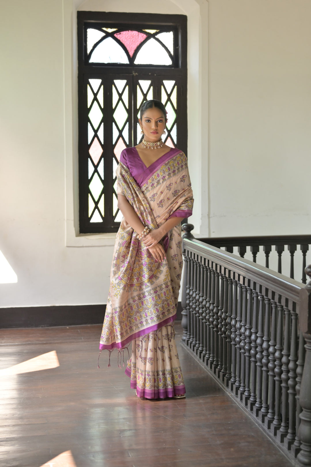 Tussar saree with Madhubani print and tassels, perfect for cultural events in USA