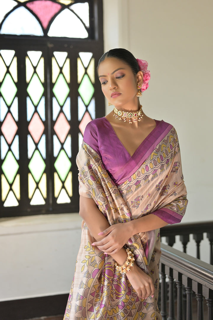 Elegant Tussar silk saree with Madhubani pallu, crafted for USA special occasions