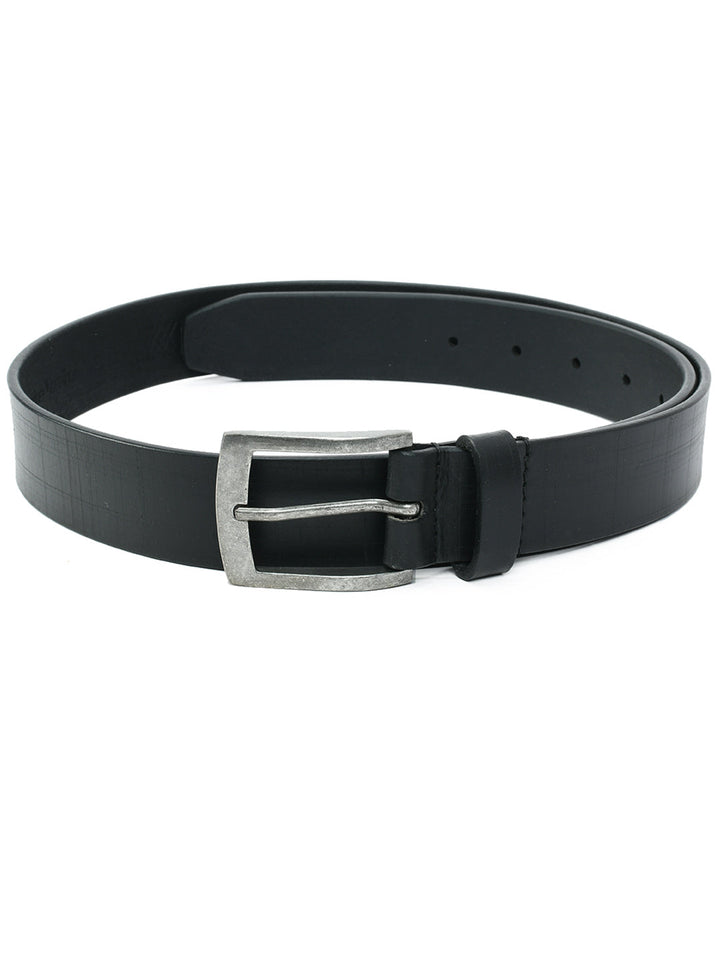 Black Patterned Leather Belt | Elegant Check Design with Silver Buckle