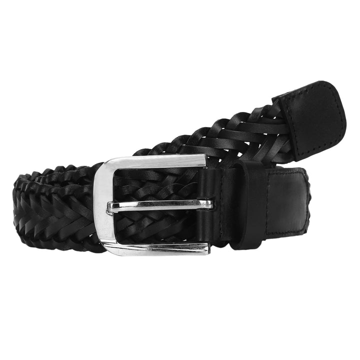 Black Braided Belt | Genuine Leather Strap with Silver Buckle