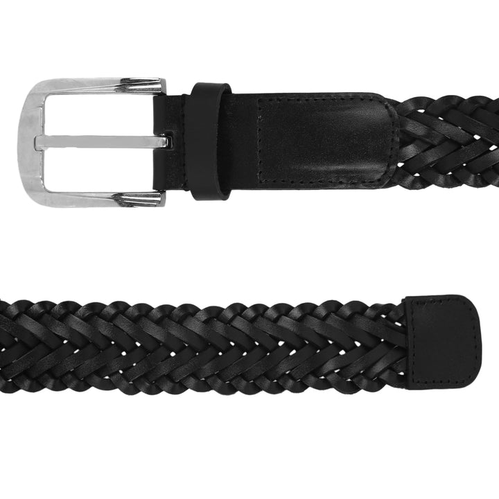 Black Braided Belt | Genuine Leather Strap with Silver Buckle