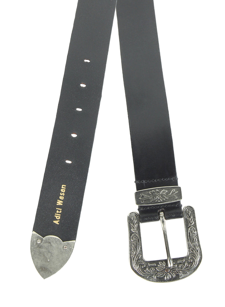 Black Western Cowboy Belt | Vintage Leather Belt with Antique Buckle