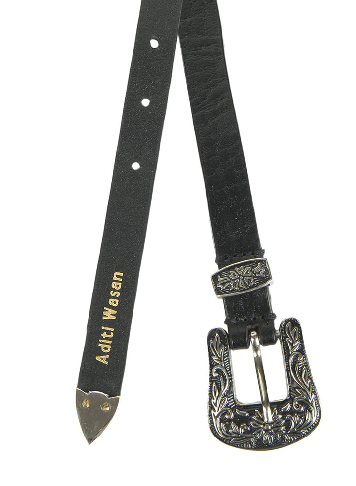 Black Textured Cowboy Women's Belt | Genuine Leather Western Buckle Belt