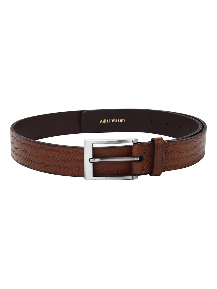 Weave Pattern Embossed Brown Leather Belt | Genuine Leather Strap, Nickel-Free Buckle