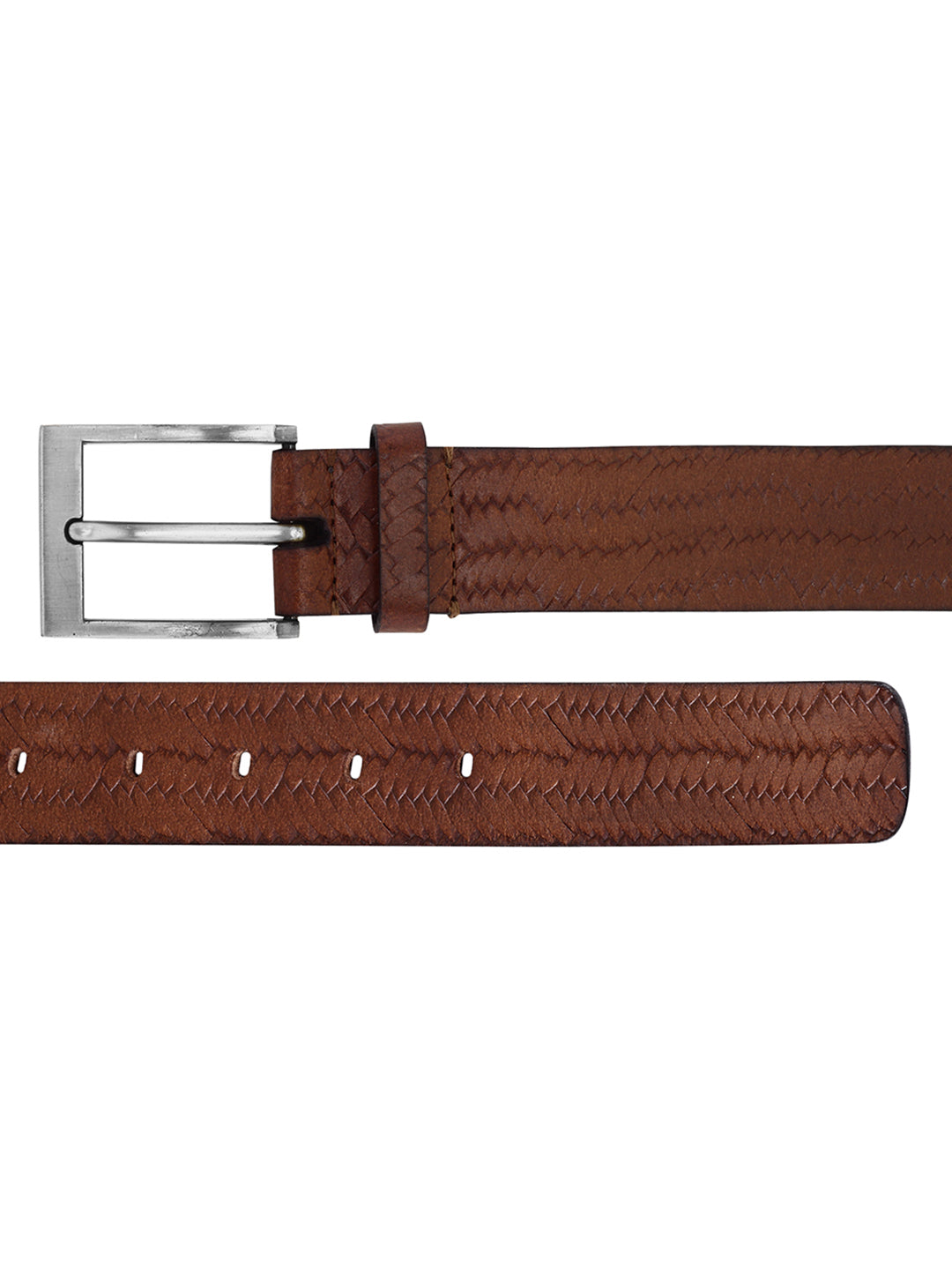 Weave Pattern Embossed Brown Leather Belt | Genuine Leather Strap, Nickel-Free Buckle