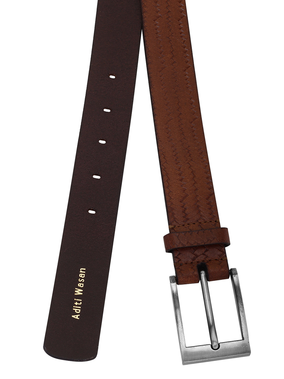 Weave Pattern Embossed Brown Leather Belt | Genuine Leather Strap, Nickel-Free Buckle