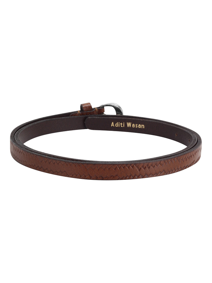 Weave Pattern Embossed Women's Belt | Genuine Leather with Silver Buckle