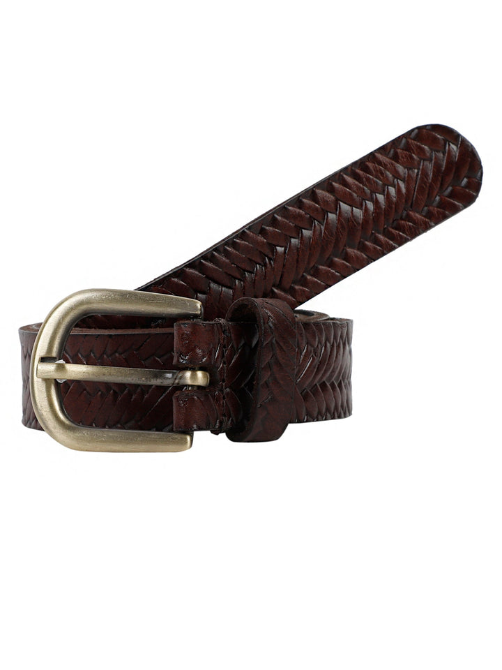 Brown Genuine Leather Basket Weave Ladies Belt | Unique Embossed Design