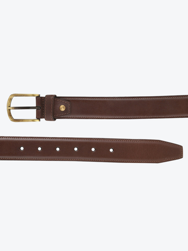 Brown Genuine Leather Belt | Elegant Profiled Edges | Brass Pin Buckle