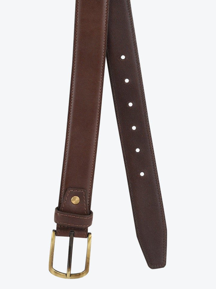 Brown Genuine Leather Belt | Elegant Profiled Edges | Brass Pin Buckle