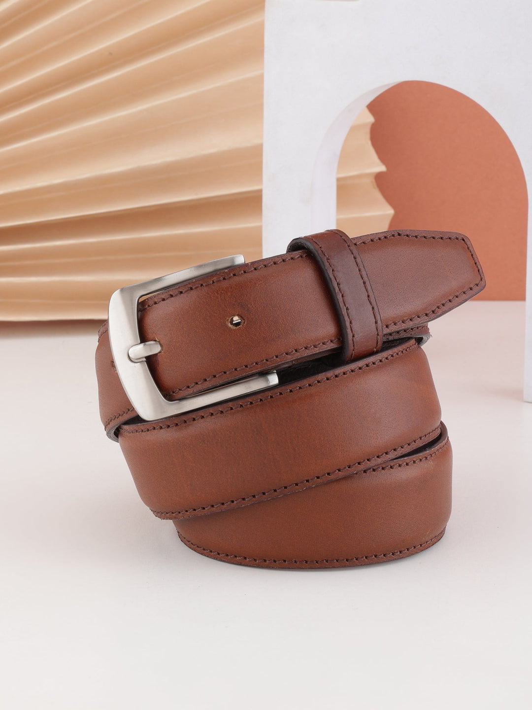 Formal Dual Tone Brown Stitch Design Genuine Leather Men's Belt