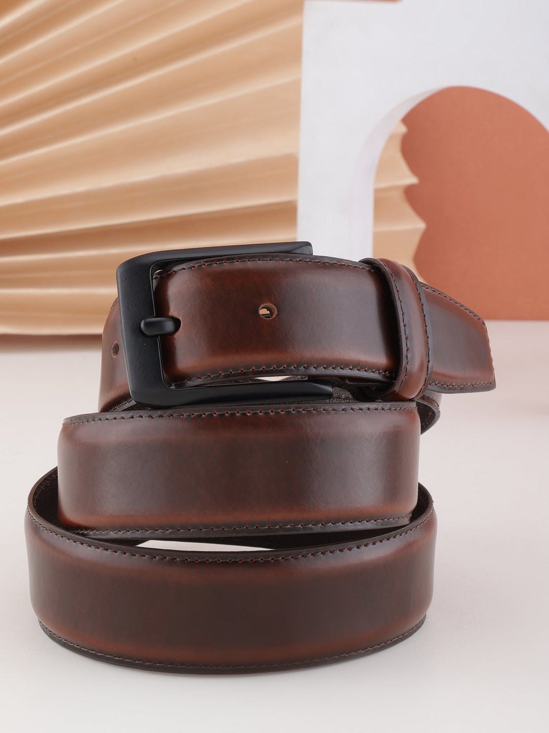 Formal Dual Tone Brown Stitch Design Genuine Leather Men's Belt