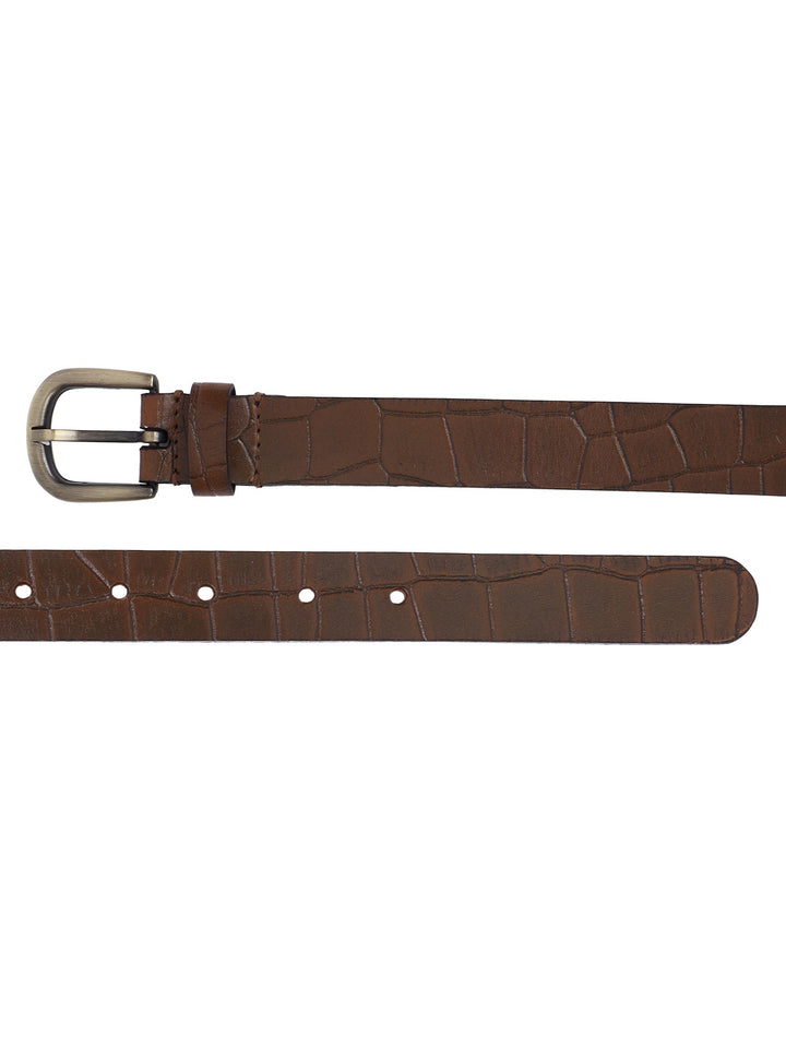 Croco Embossed Women's Belt | Genuine Leather Tan Strap with Antique Buckle