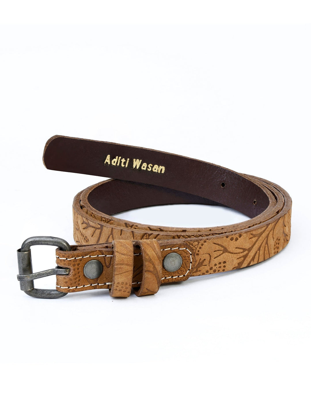 Women's Genuine Leather Tan Nubuck Batik Belt | Embossed Slim Design