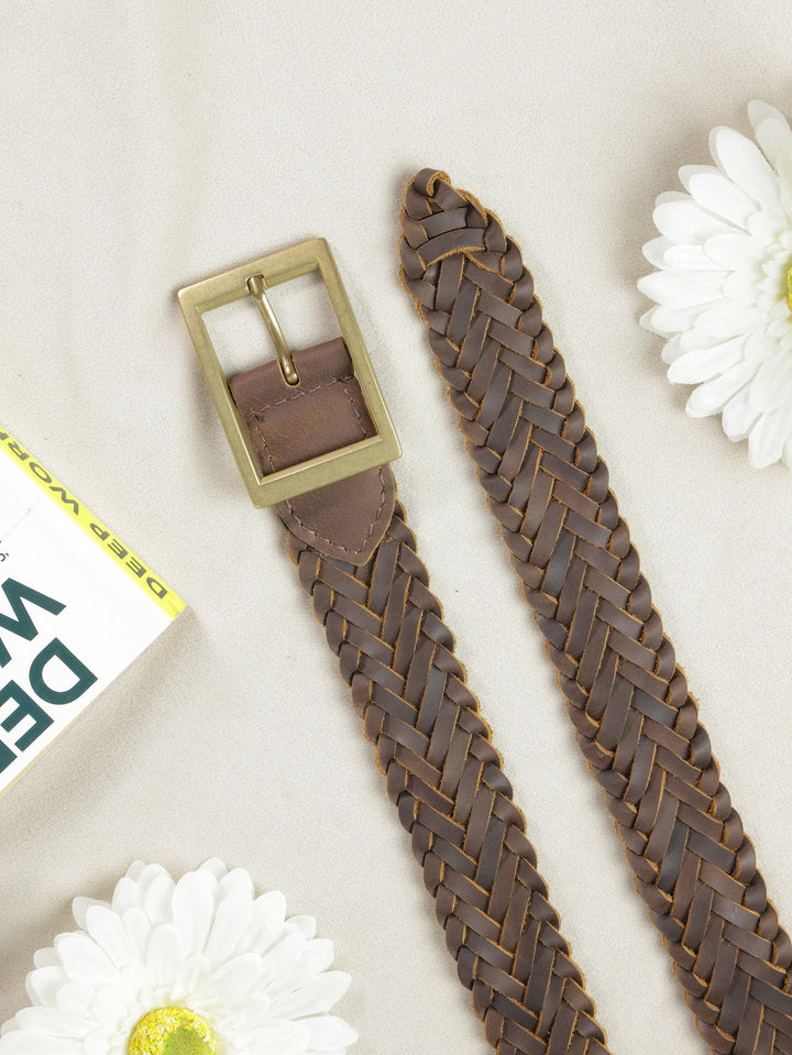 Women's Braided Genuine Leather Belt | Classic Brass Square Buckle Accessory