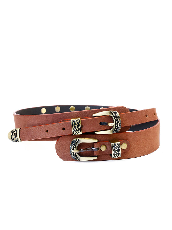 Genuine Leather Studded Western Dress Belt | Stylish Maroon Double Buckle