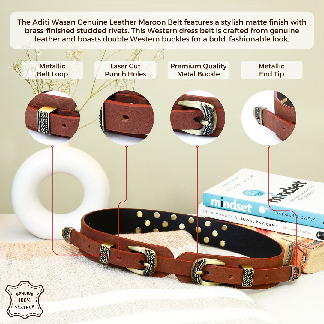 Genuine Leather Studded Western Dress Belt | Stylish Maroon Double Buckle