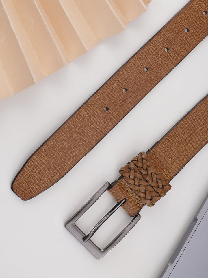 Tan Genuine Leather Men's Belt | Stylish Braided Loop Detail for Versatility