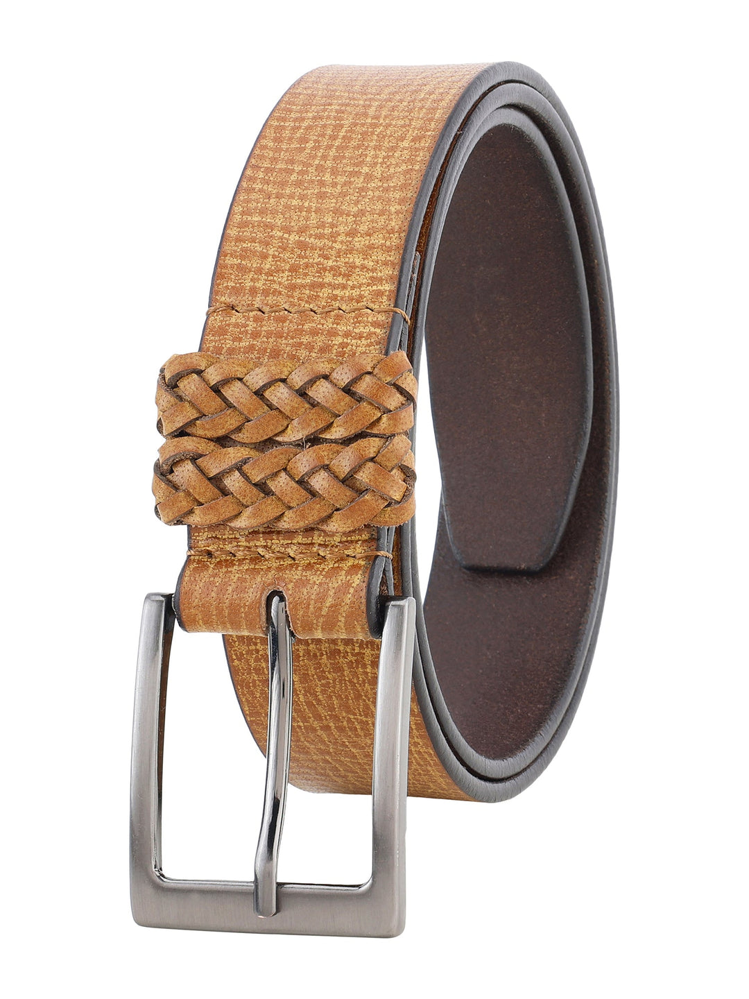 Tan Genuine Leather Men's Belt | Stylish Braided Loop Detail for Versatility