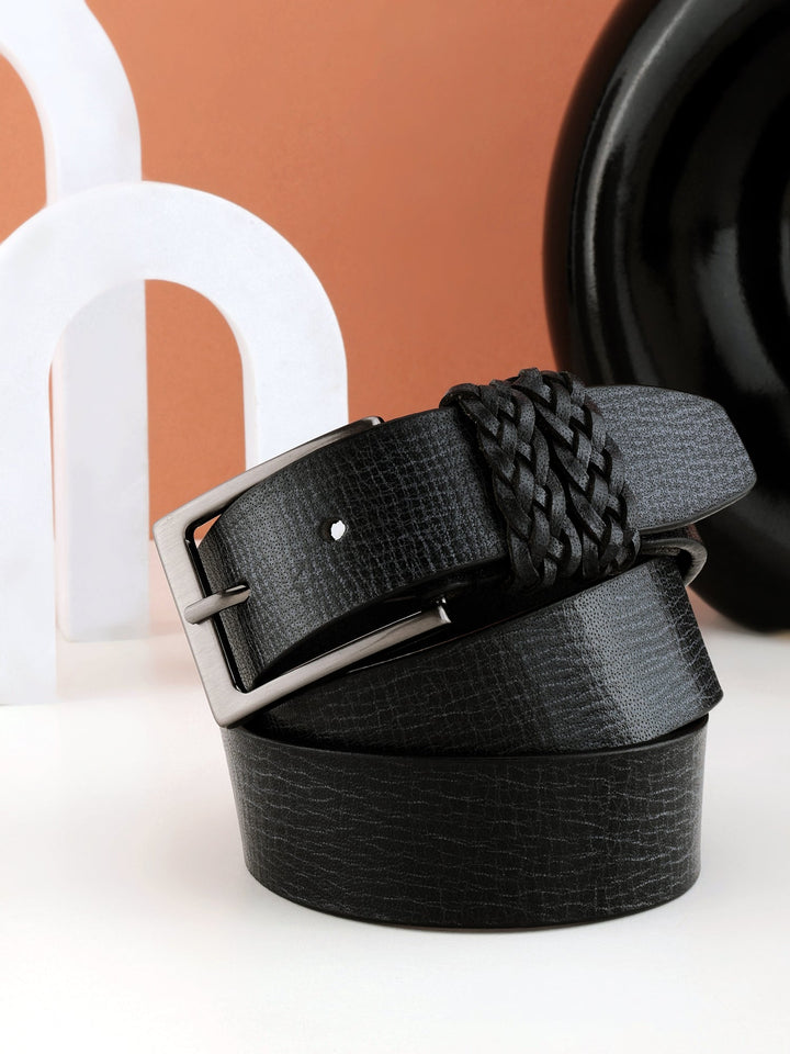 Black Genuine Leather Men's Belt | Stylish Braided Loop Design for Elegance