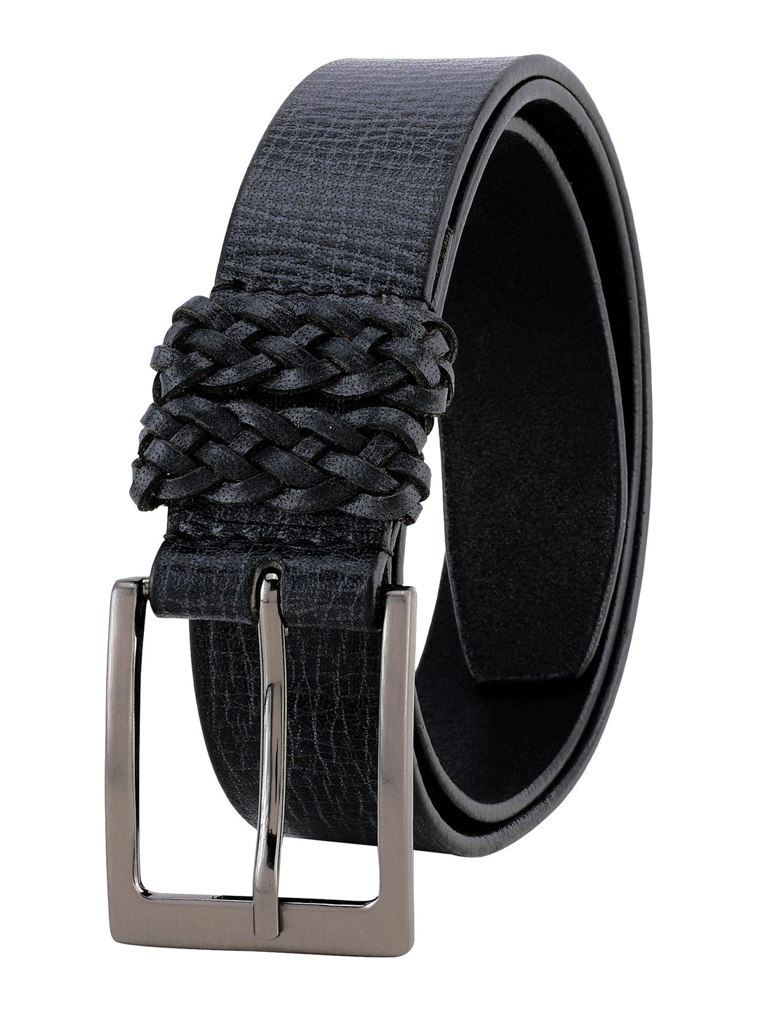 Black Genuine Leather Men's Belt | Stylish Braided Loop Design for Elegance