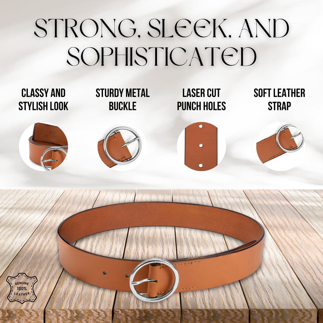 Women's Tan Leather Belt | Stylish O-Ring Buckle for Versatile Outfits