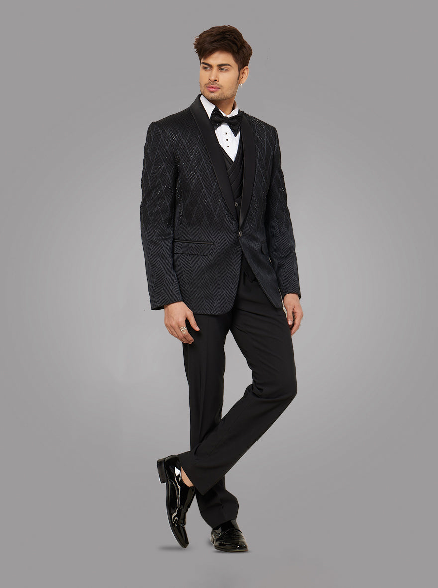 Stylish black 5-piece suit with self-design and intricate embroidery, perfect for weddings and formal events.