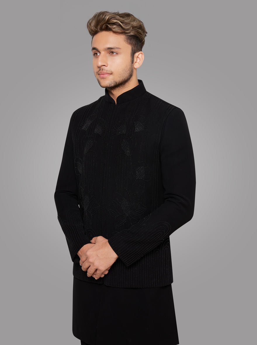 Perfect for weddings, this Black Indowestern combines elegance with unique pearl embroidery for a stylish look.