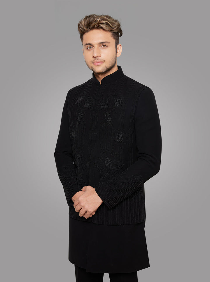 Men's black indowestern with full sleeves and straight cut design