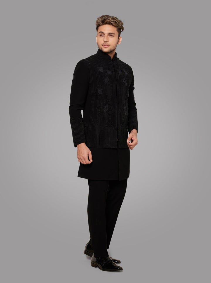 Black indowestern for men with pearl embroidery and full sleeves