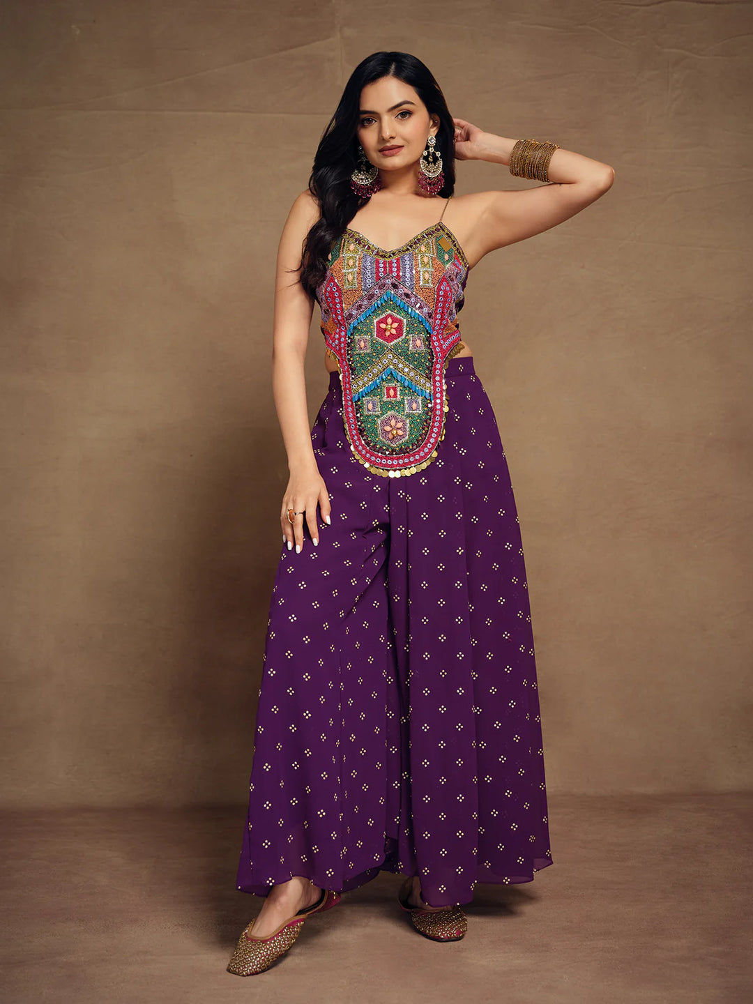 Art Silk Crop Top & Palazzo | Purple Sweetheart Neck Sleeveless Set