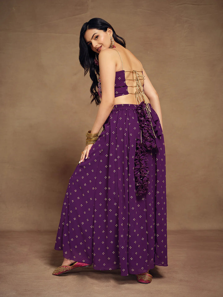 Art Silk Crop Top & Palazzo | Purple Sweetheart Neck Sleeveless Set